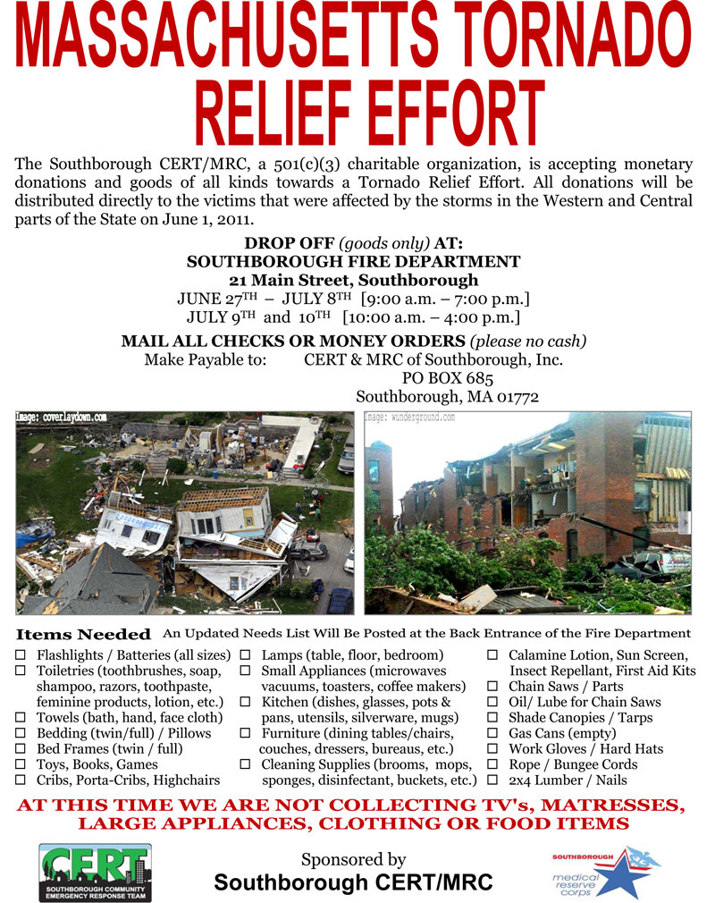 UPDATED Southborough CERT/MRC collecting donations for tornado victims