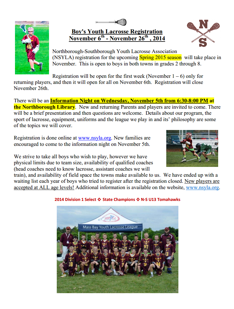 Sign up for youth lacrosse Boys’ info night tonight; Registration