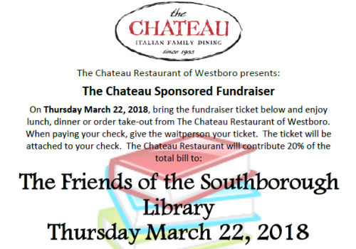 Post image for Friends of the Library fundraiser: 20% of Chateau bills from lunch/dinner on Thursday, March 22nd