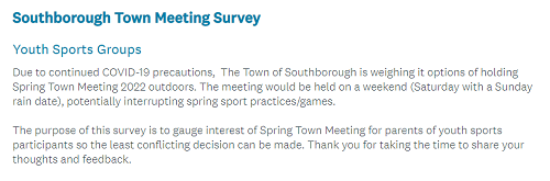 Post image for Town surveying parents of kids in spring sports on interest in attending Annual Town Meeting