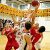 Joe Wallace (#21, ball), Conner Forbes (#11, r), Ryan Seymour (#5, l), Joe Egizi (#23, f)