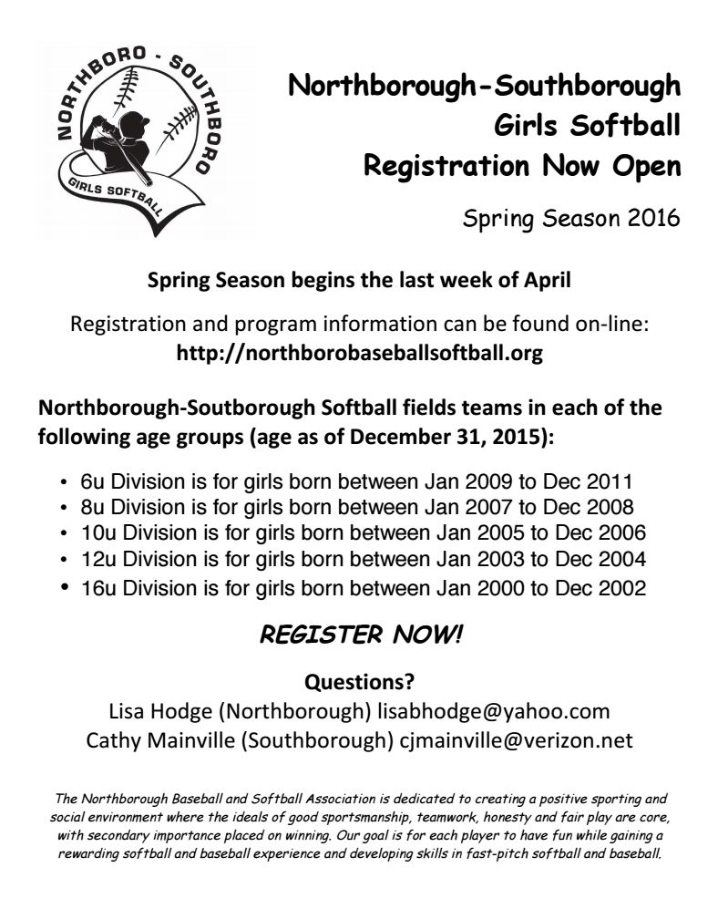 Reminder Spring Softball early bird ends December 30 My Southborough