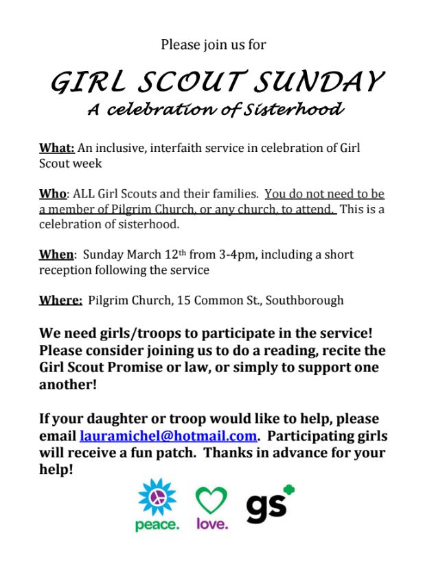 Girl Scouts service on Sunday Celebrating Sisterhood My Southborough