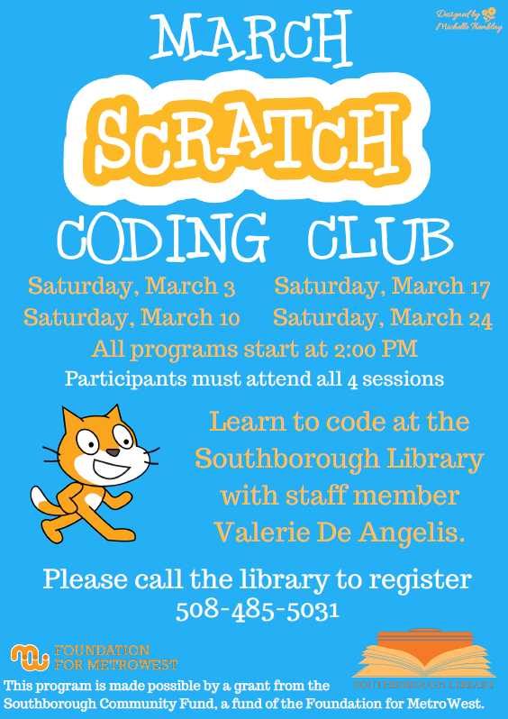 Coding Club for 3rd 5th graders Scratch at the Library starting this
