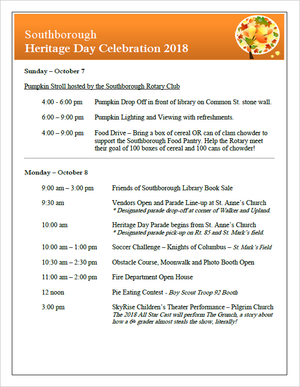 Heritage Day Schedule October 78 My Southborough