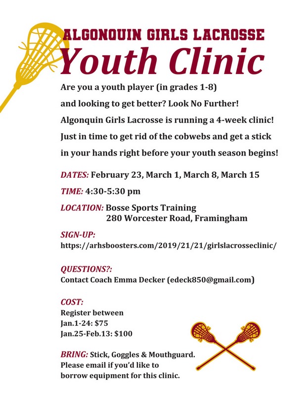 Youth Lacrosse Clinic run by ARHS Girls team 4 Sundays this winter
