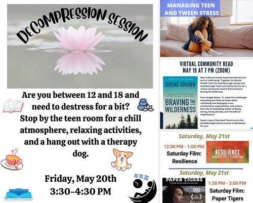 Post image for The Library invites teens to Decompress; Mental Health Awareness Month event reminders