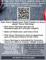 Town Meeting Info Session flyer with QR code for zoom