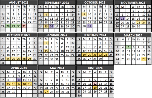 NSBORO calendar 2023-2024 (Purple dates = Wellness Days. Yellow = holiday/vacation days, and Green = Professional Development Days)