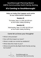 Planning Board Flyer for MBTA Communities Info Sessions