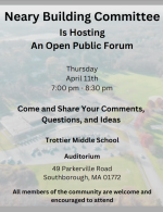 Neary Building Committee Open Forum - April 11 flyer