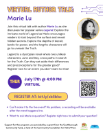 Marie Lu virtual author talk flyer