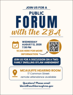 ZBA Public Forum on 2-family dwelling bylaw amendment proposal flyer